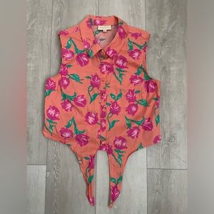Modcloth Shirt Button Up Tie Front Crop Top Sleeveless Coral Pink 🌷